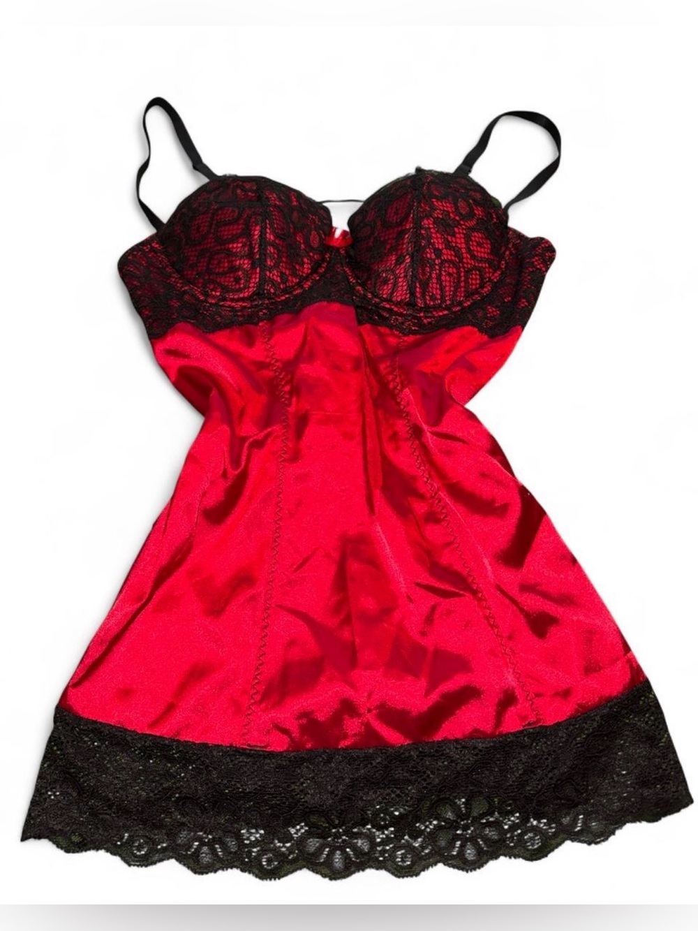 Frederick's of Hollywood Red Satin Chemise with Black Lace